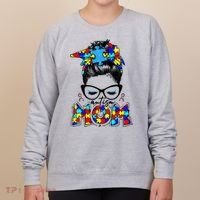 Autism Mom Puzzle Pieces Messy Bun Women's Sweatshirt thumb 0