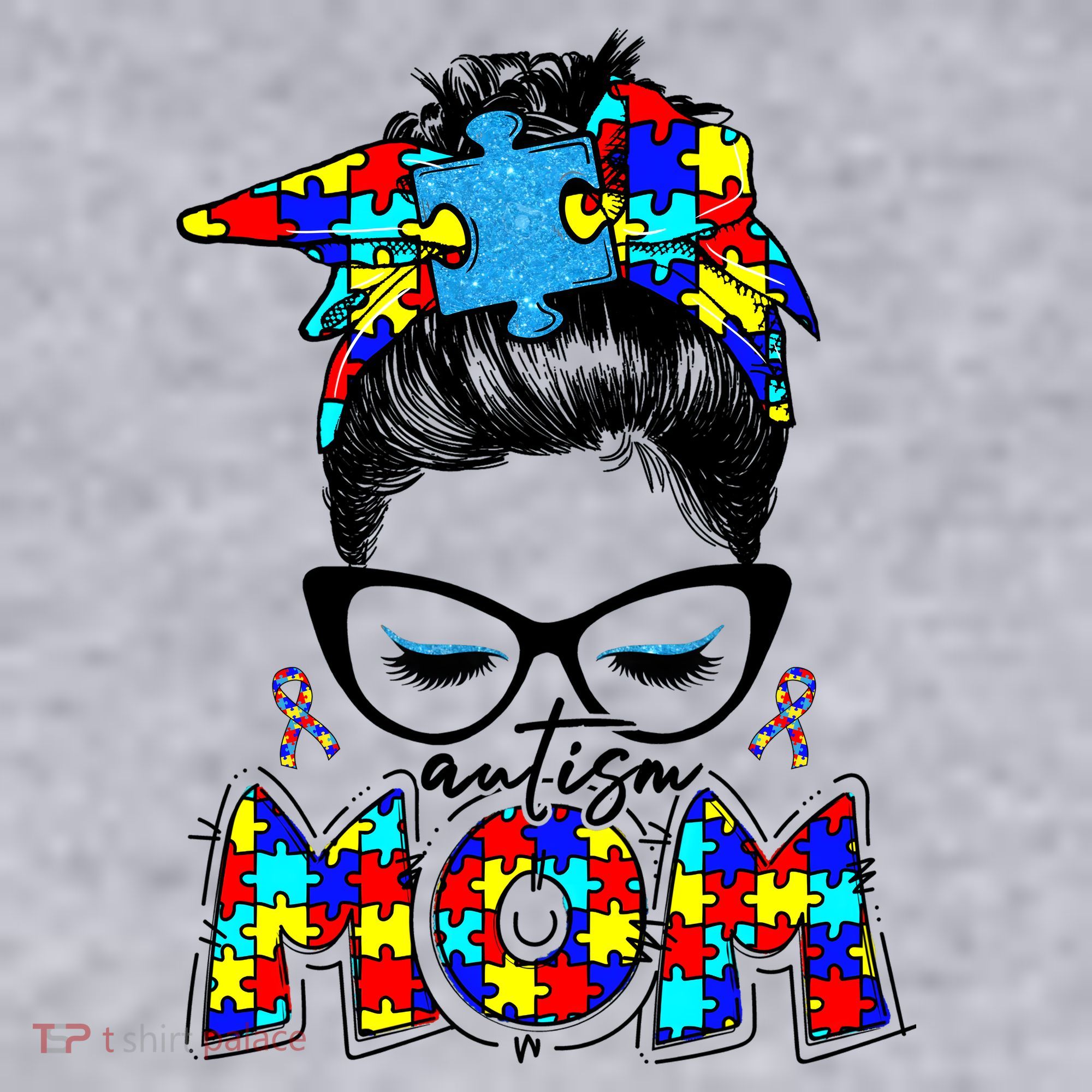 Autism Mom Puzzle Pieces Messy Bun Women's Sweatshirt