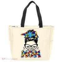 Autism Mom Puzzle Pieces Messy Bun Tote Bag thumb 0