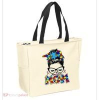 Autism Mom Puzzle Pieces Messy Bun Tote Bag thumb 2