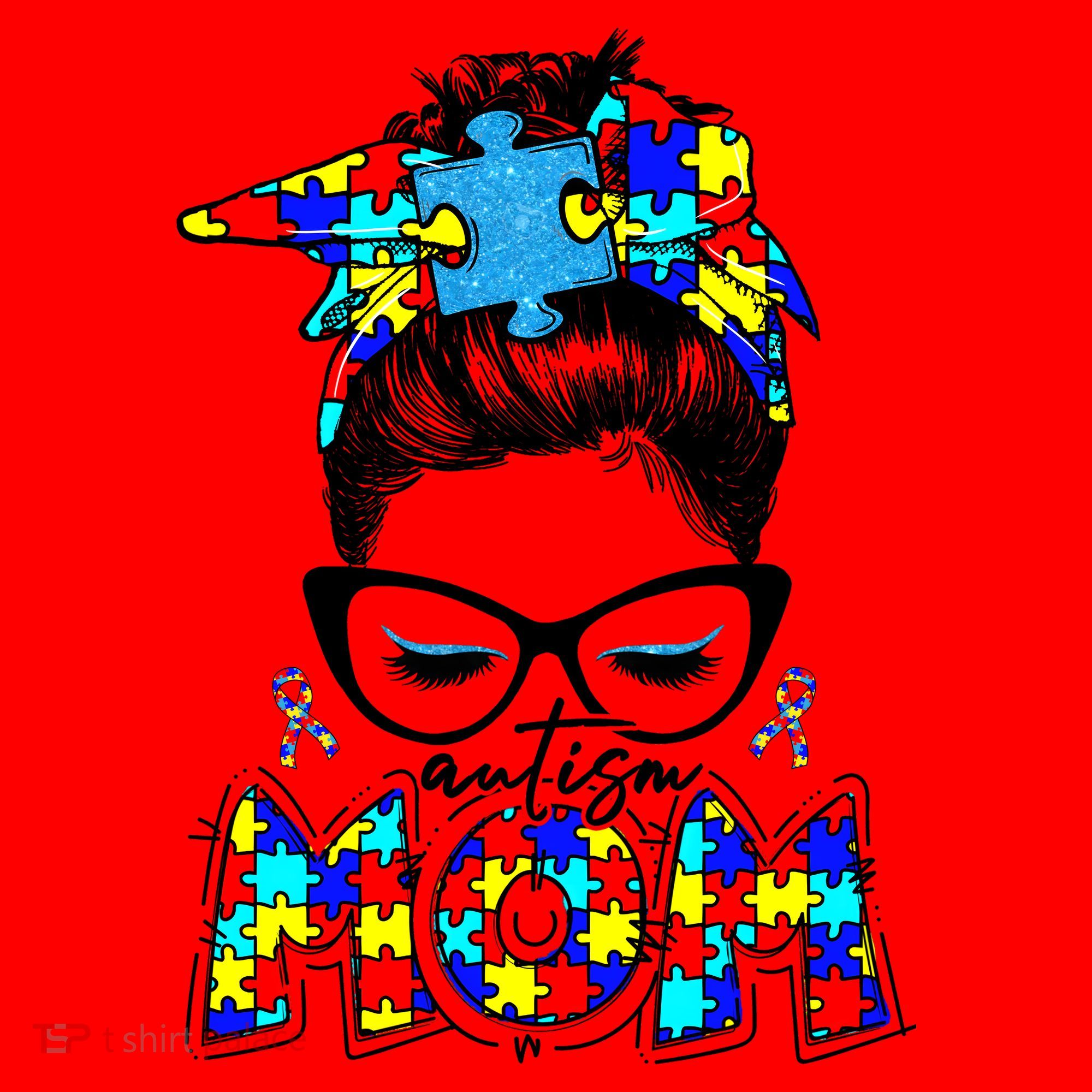 Autism Mom Puzzle Pieces Messy Bun Santa Hat