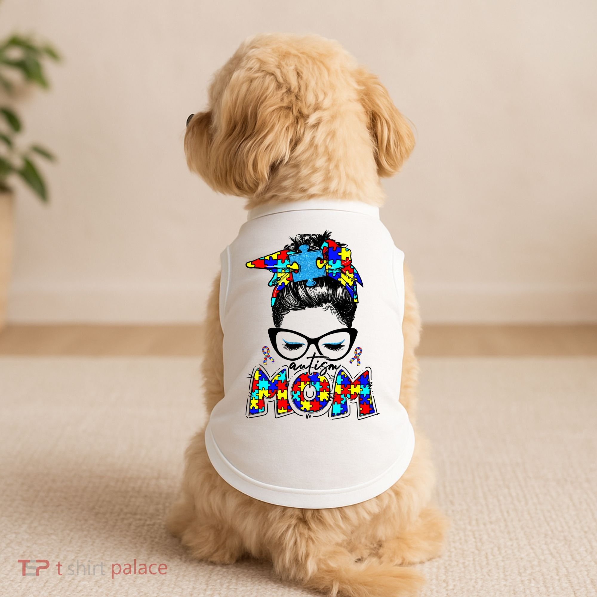 Autism Mom Puzzle Pieces Messy Bun Doggie Tank