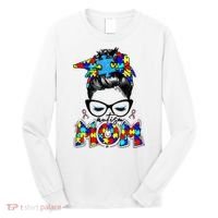 Autism Mom Puzzle Pieces Messy Bun Long Sleeve Shirt thumb 0