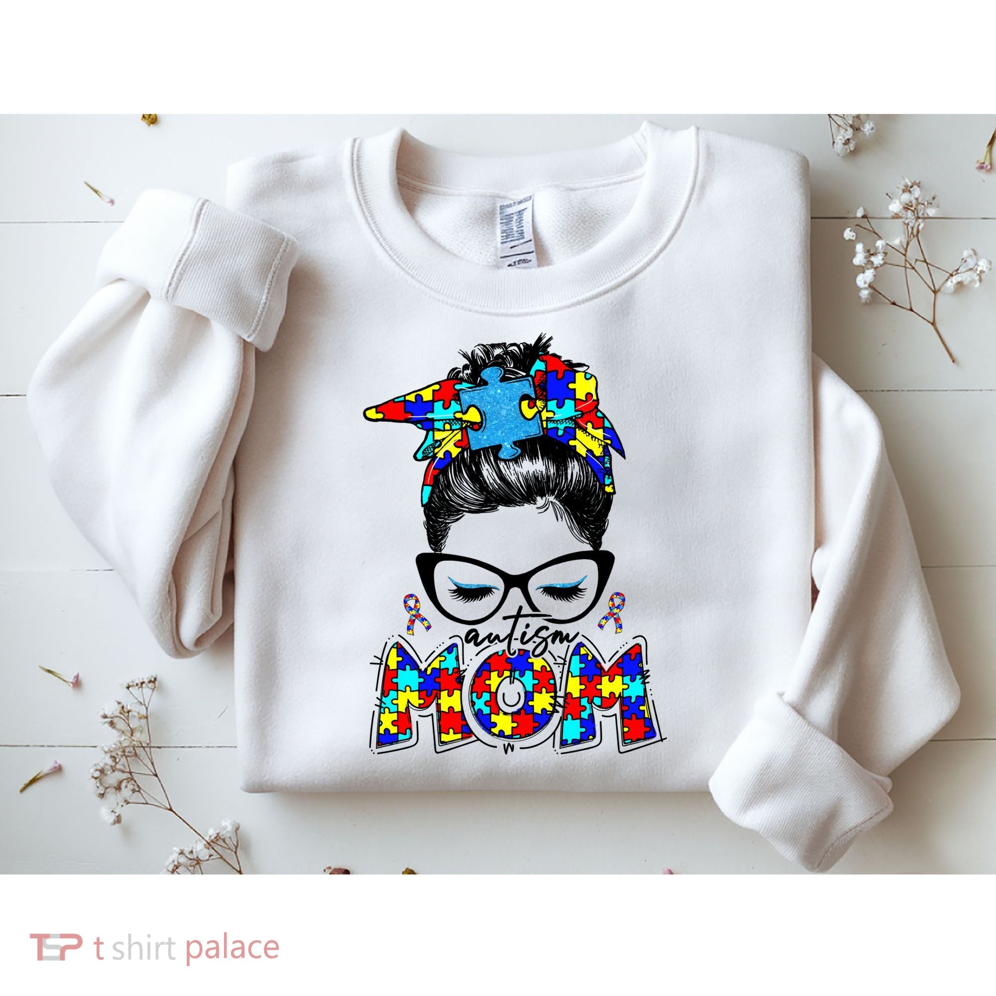 Autism Mom Puzzle Pieces Messy Bun Sweatshirt