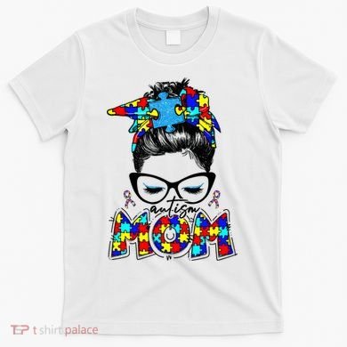 Autism Mom Puzzle Pieces Messy Bun T-Shirt