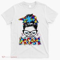 Autism Mom Puzzle Pieces Messy Bun T-Shirt thumb 0
