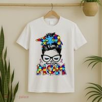 Autism Mom Puzzle Pieces Messy Bun T-Shirt thumb 2