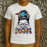 Autism Mom Puzzle Pieces Messy Bun T-Shirt thumb 3