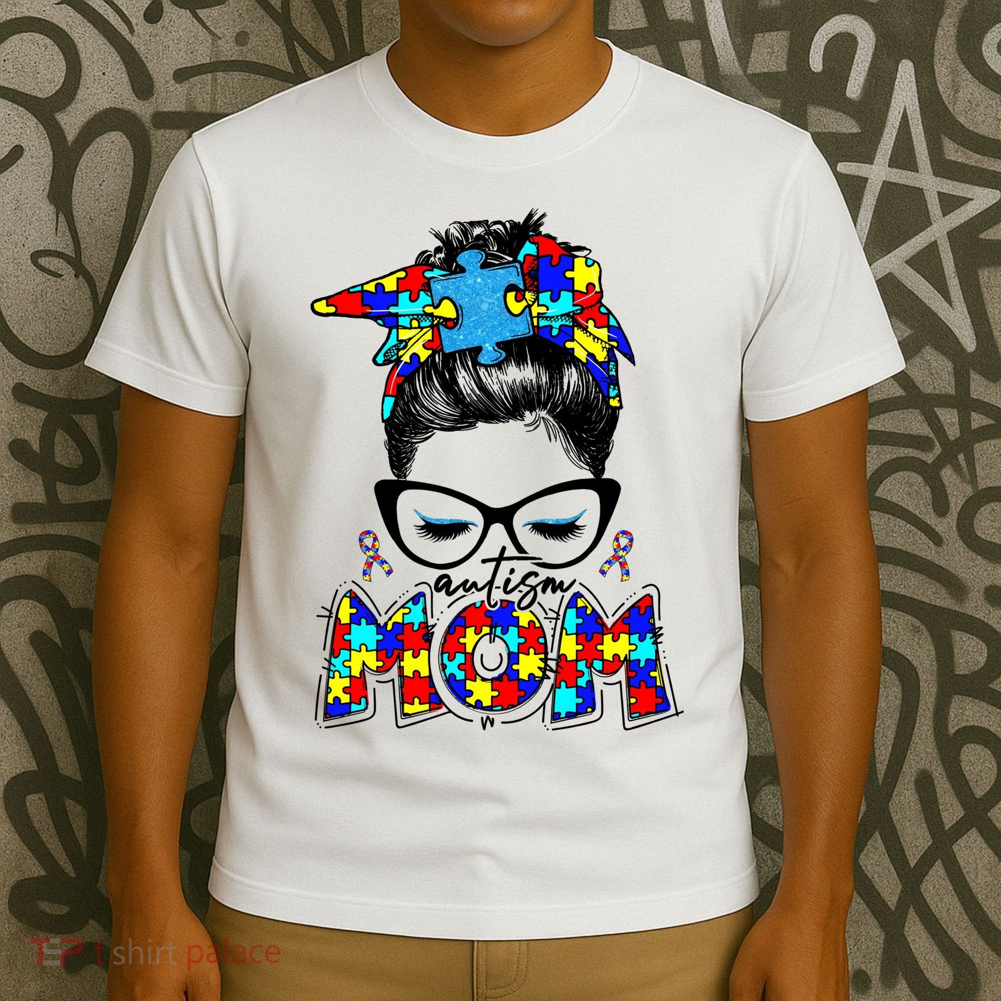 Autism Mom Puzzle Pieces Messy Bun T-Shirt