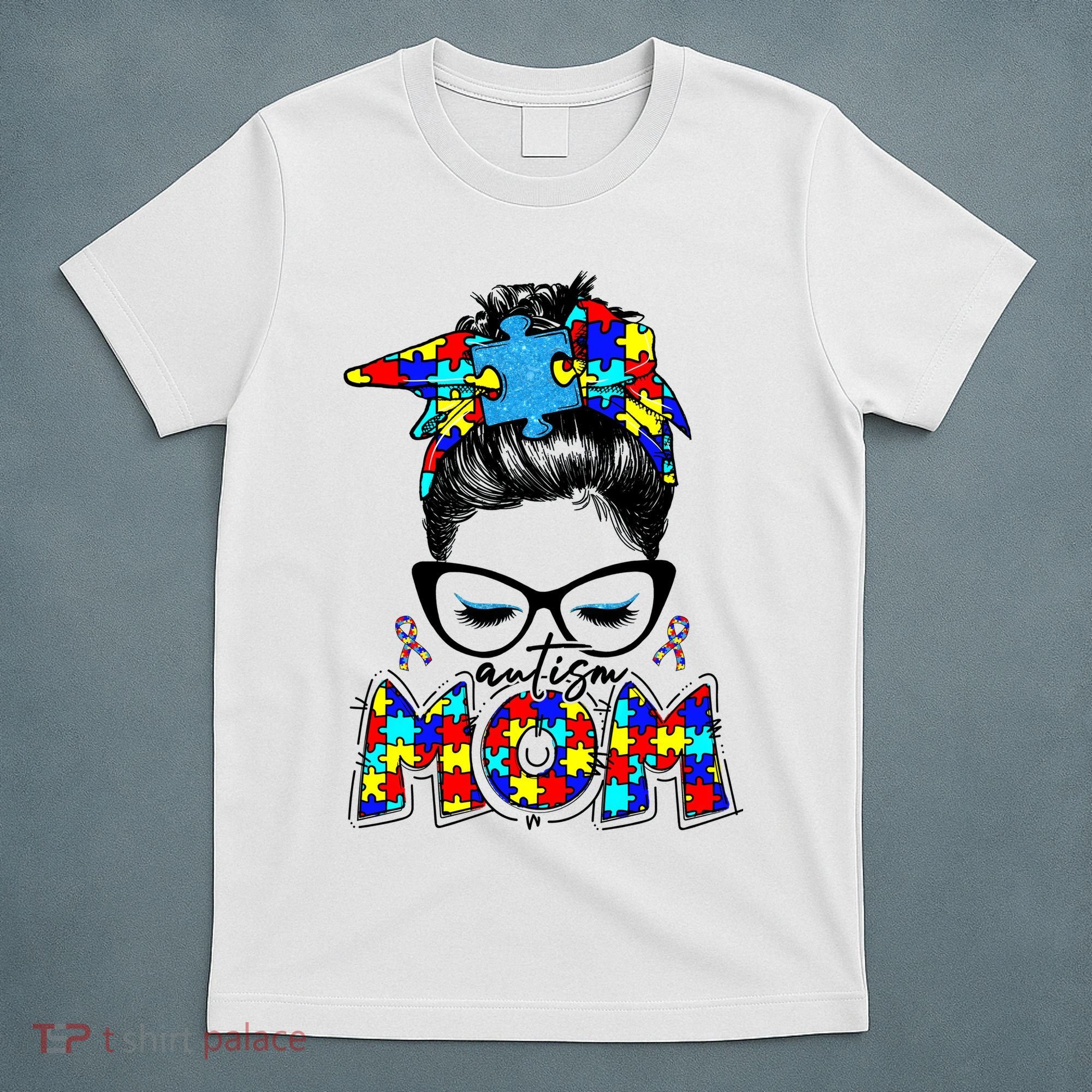 Autism Mom Puzzle Pieces Messy Bun T-Shirt