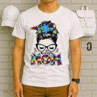 Autism Mom Puzzle Pieces Messy Bun T-Shirt thumb 6