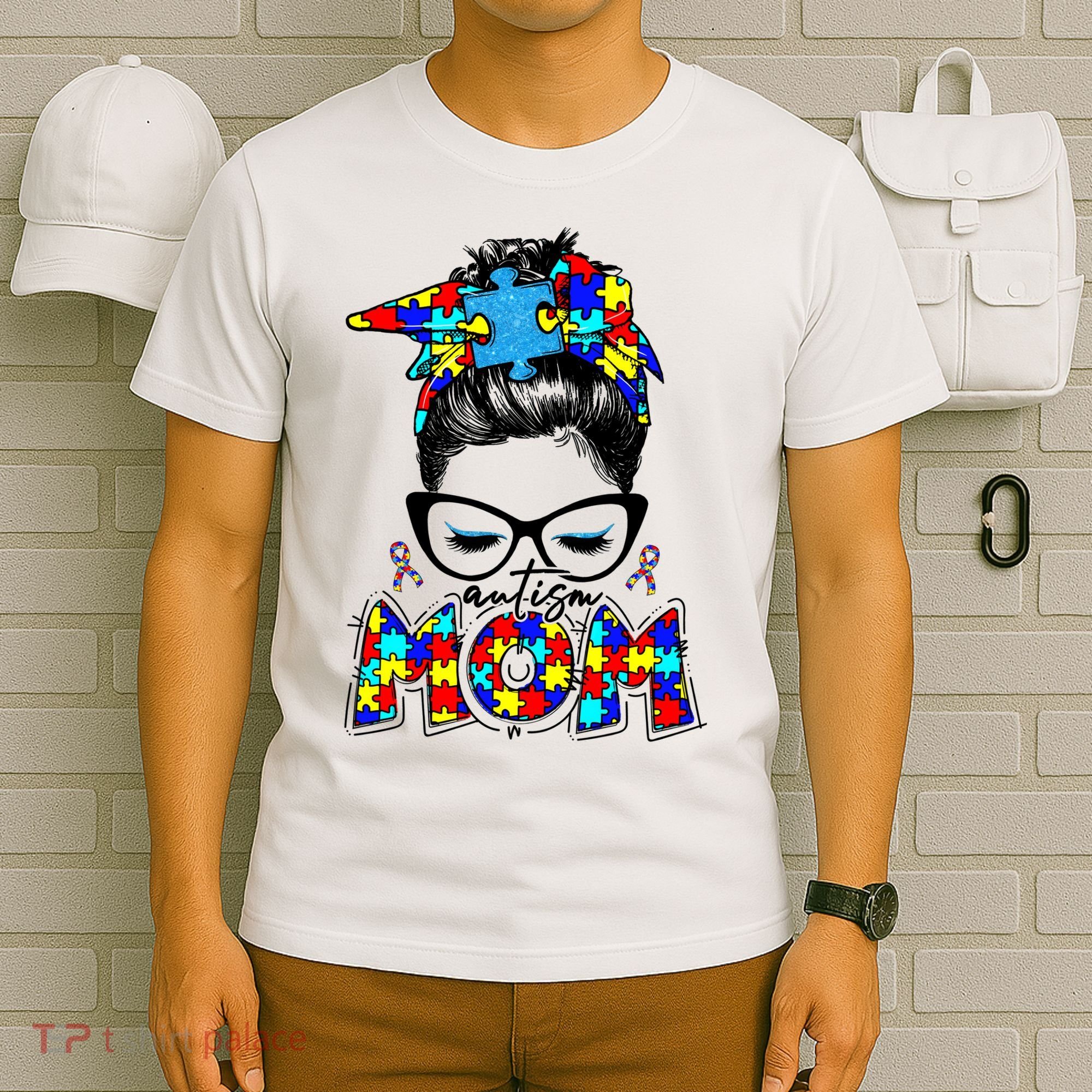Autism Mom Puzzle Pieces Messy Bun T-Shirt