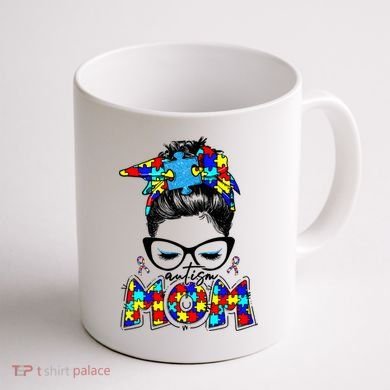 Autism Mom Puzzle Pieces Messy Bun Coffee Mug back