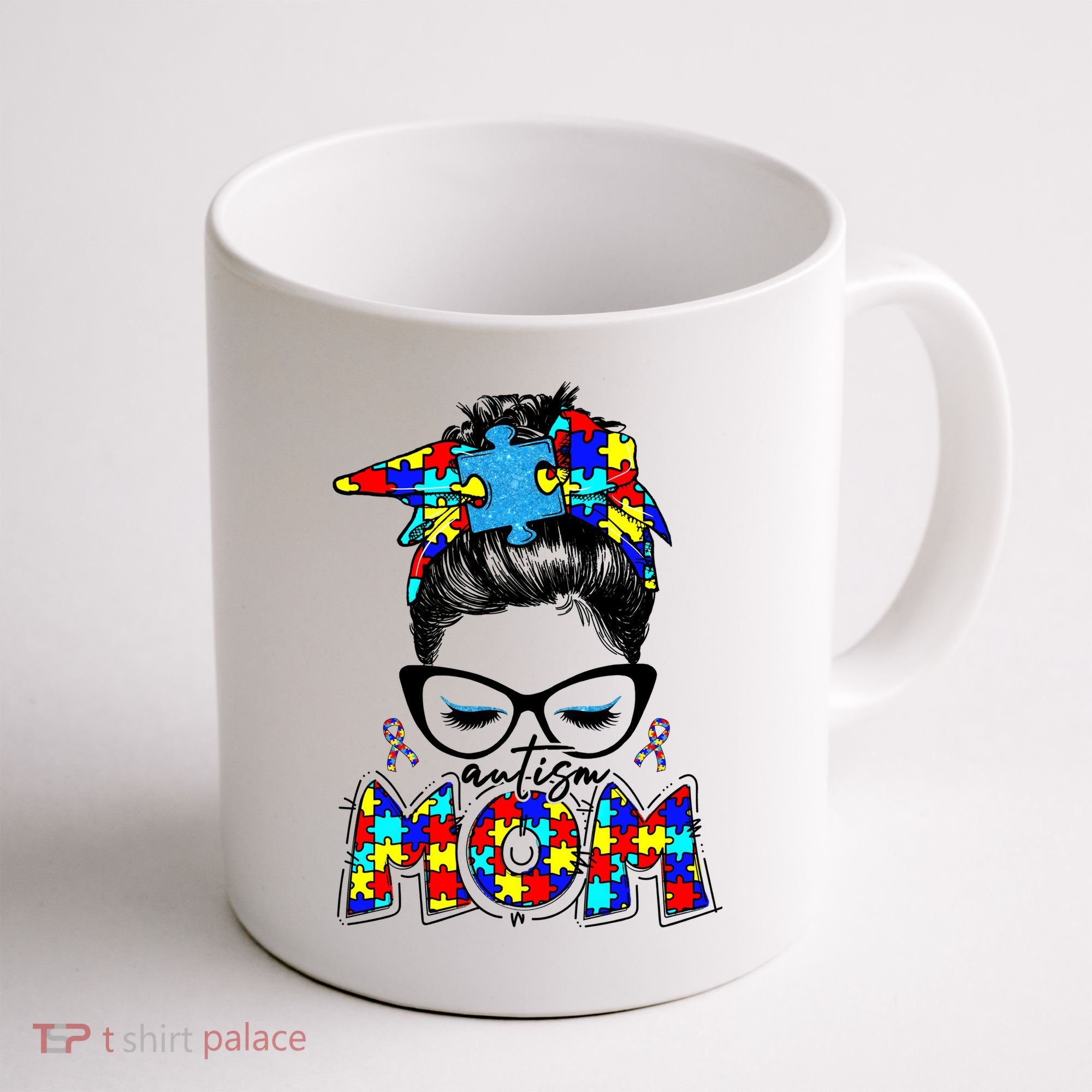 Autism Mom Puzzle Pieces Messy Bun Coffee Mug