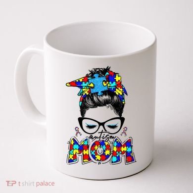 Autism Mom Puzzle Pieces Messy Bun Coffee Mug