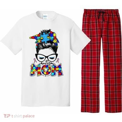 Autism Mom Puzzle Pieces Messy Bun Pajama Set