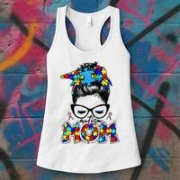 Autism Mom Puzzle Pieces Messy Bun Women's Tank Top thumb 3