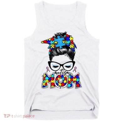 Autism Mom Puzzle Pieces Messy Bun Tank Top