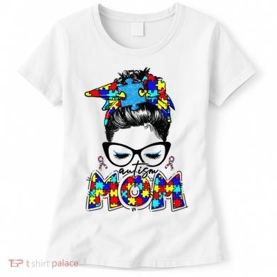Autism Mom Puzzle Pieces Messy Bun Women's T-Shirt