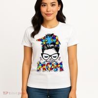 Autism Mom Puzzle Pieces Messy Bun Women's T-Shirt thumb 4