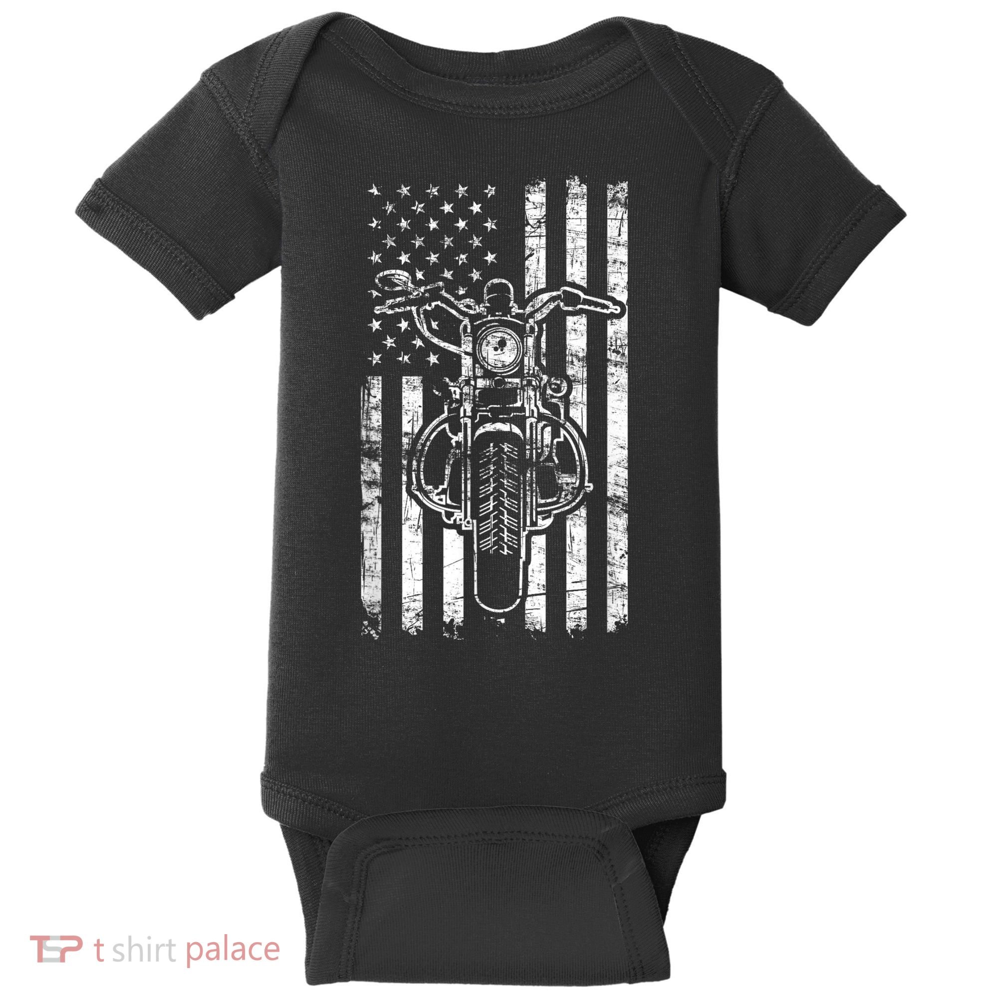 American Motorcycle Patriotic US Flag Cool Biker Baby Bodysuit