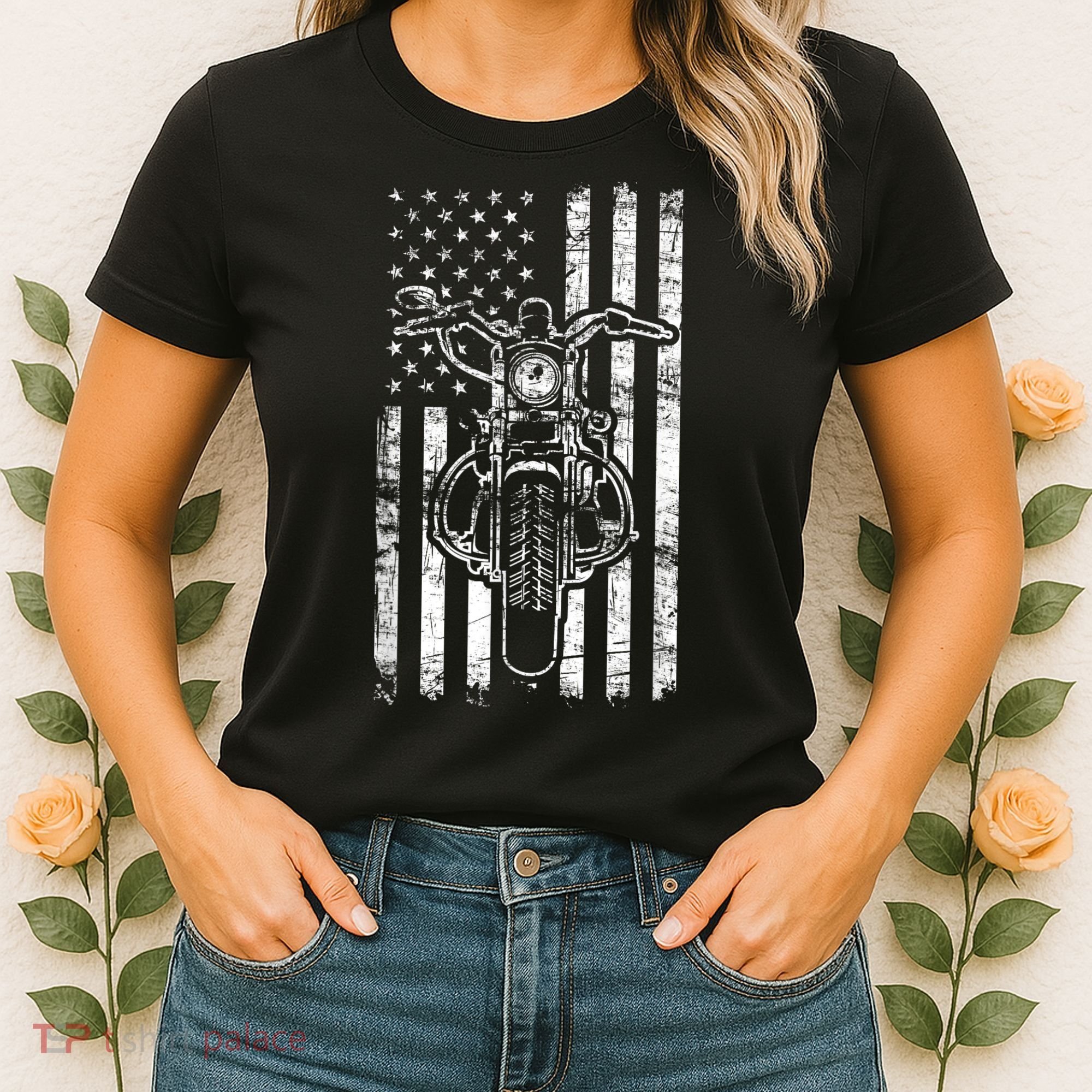 American Motorcycle Patriotic US Flag Cool Biker Women's T-Shirt