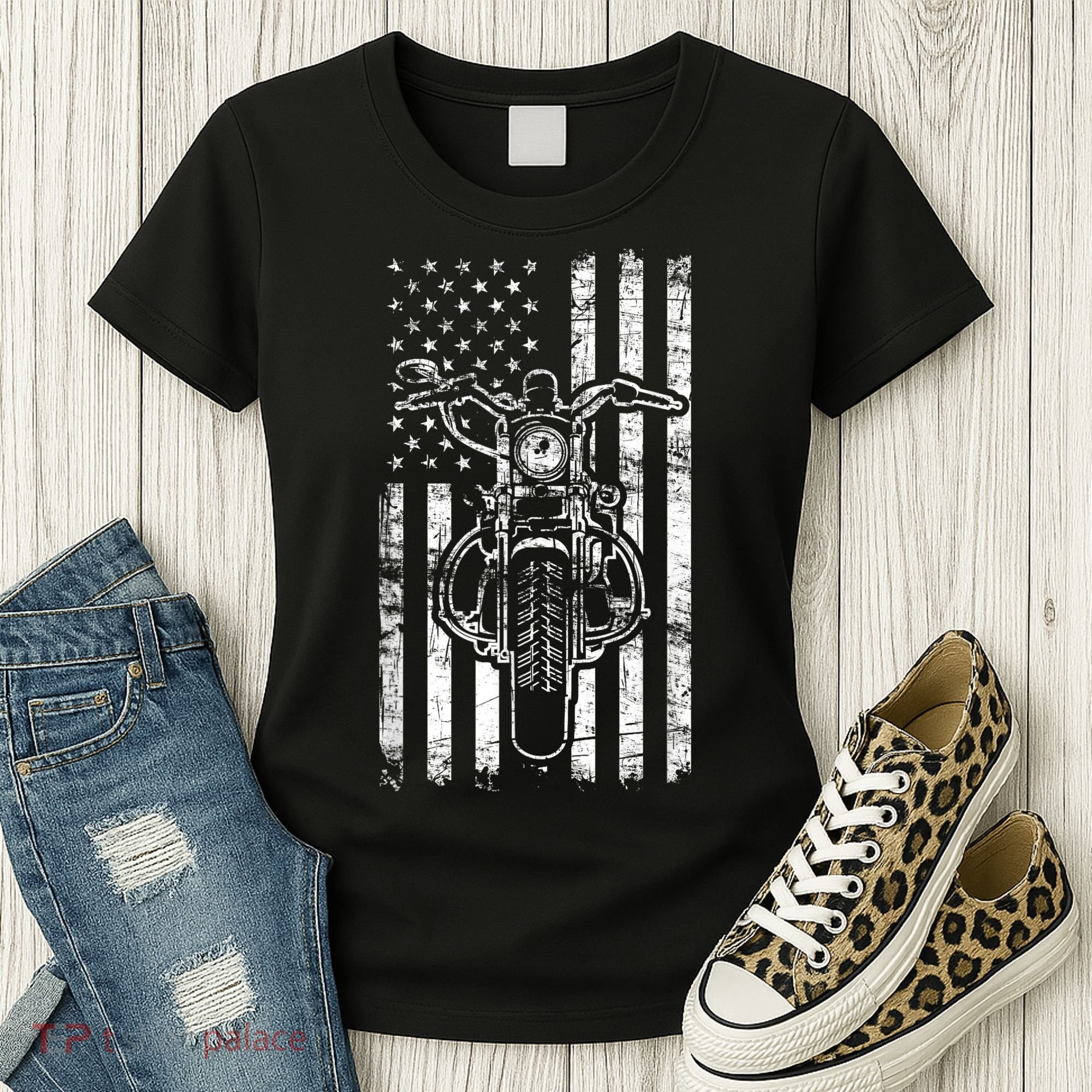 American Motorcycle Patriotic US Flag Cool Biker Women's T-Shirt