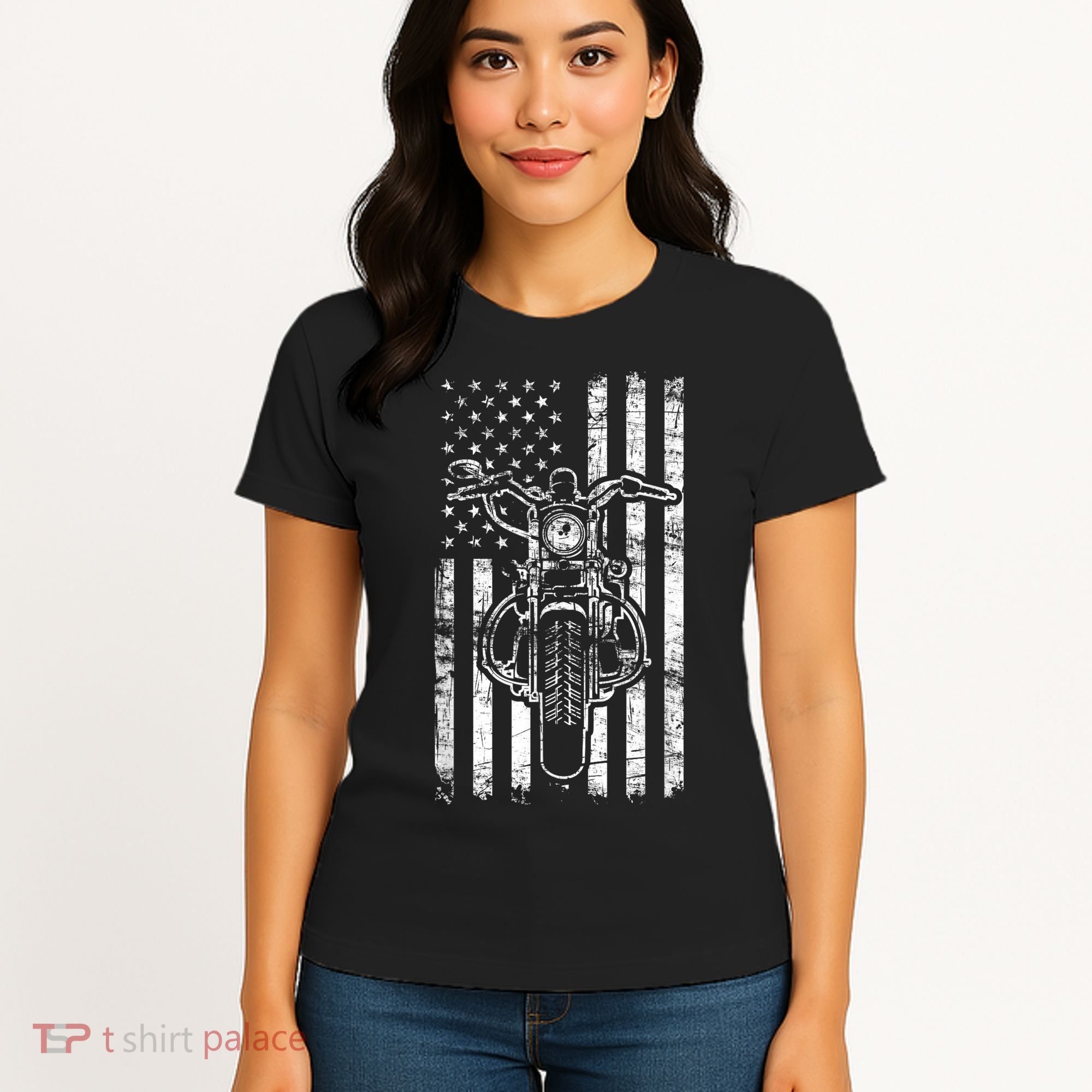 American Motorcycle Patriotic US Flag Cool Biker Women's T-Shirt