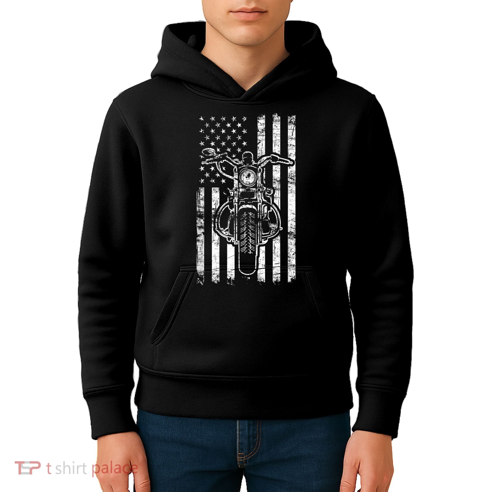 American Motorcycle Patriotic US Flag Cool Biker Kids Hoodie
