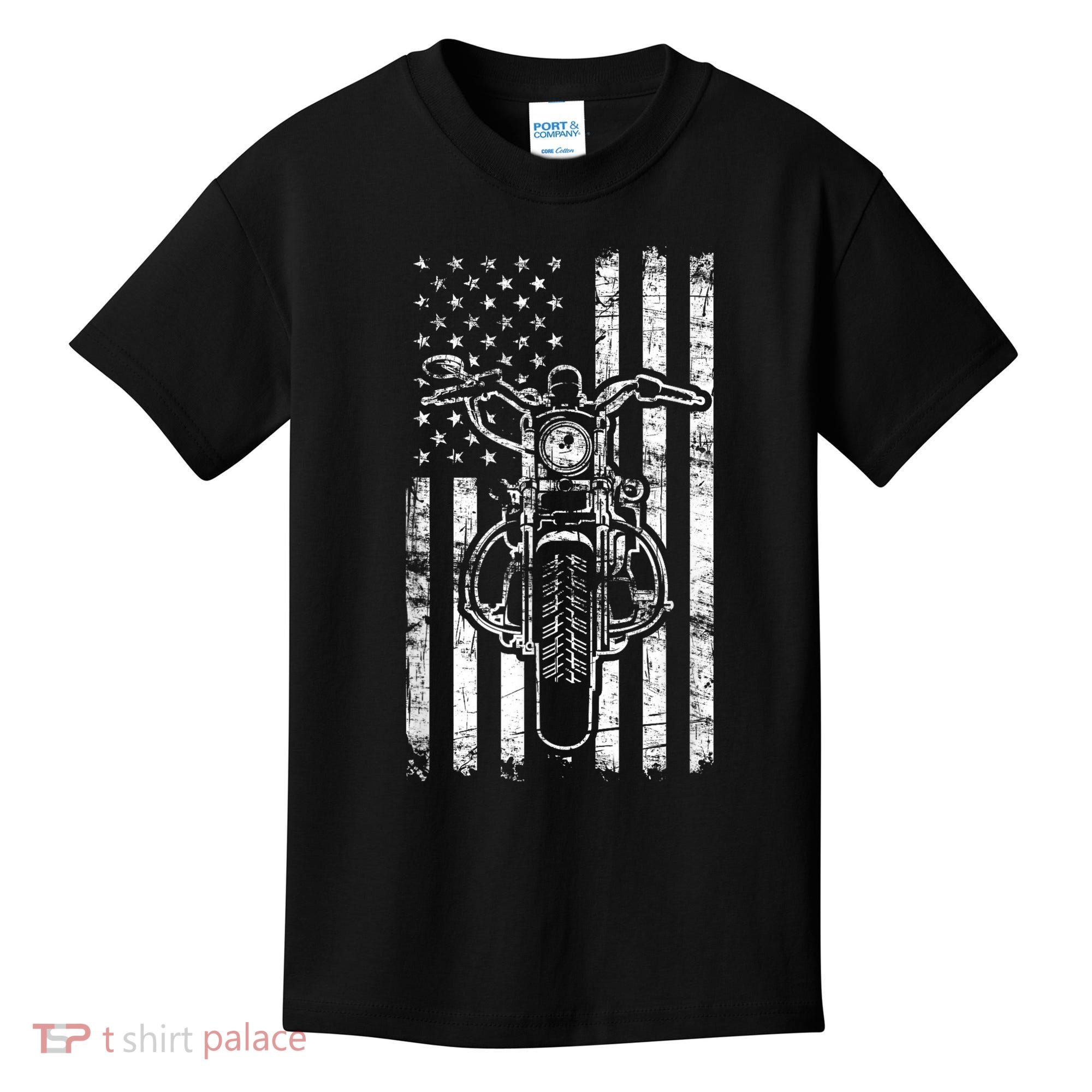 American Motorcycle Patriotic US Flag Cool Biker Kids T-Shirt