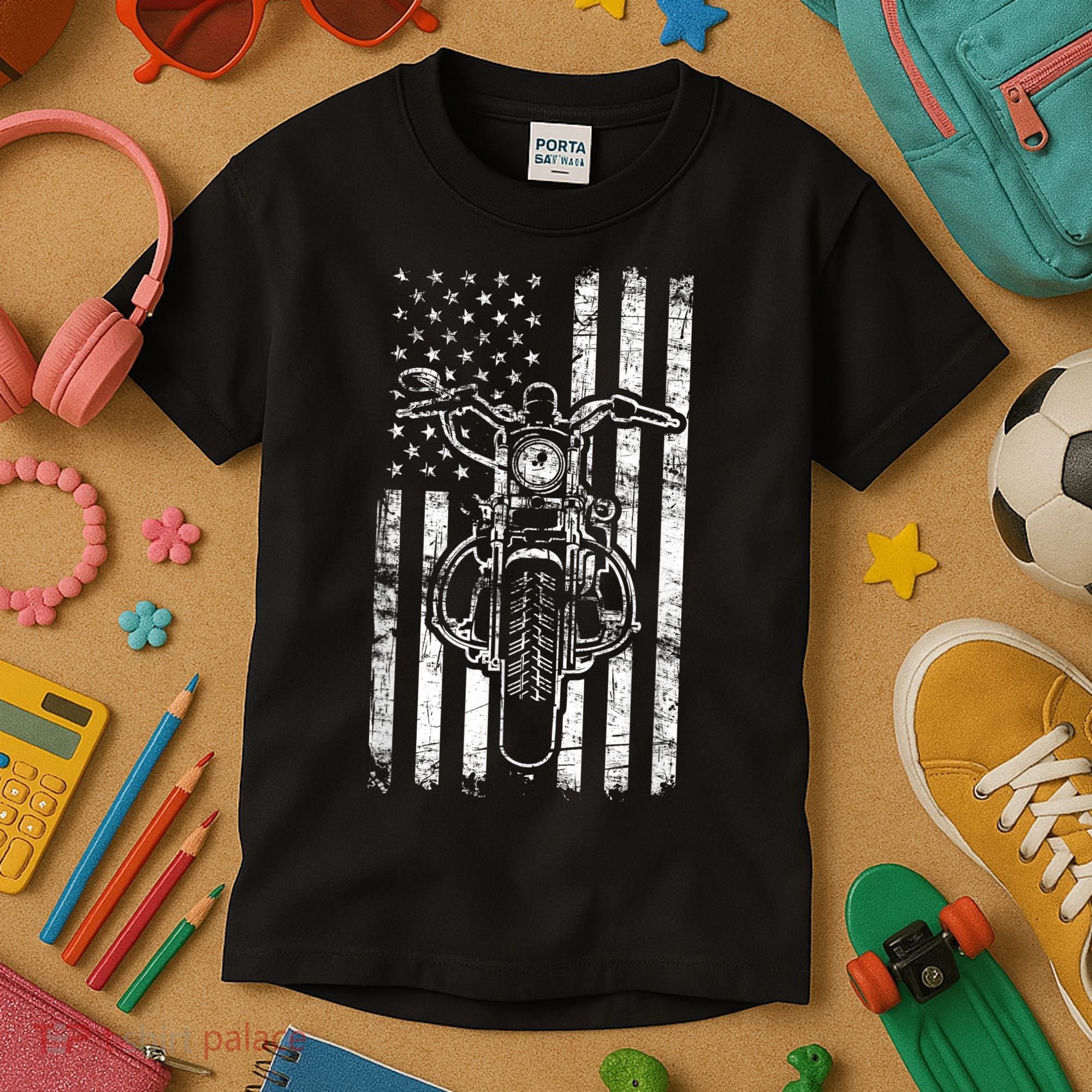 American Motorcycle Patriotic US Flag Cool Biker Kids T-Shirt