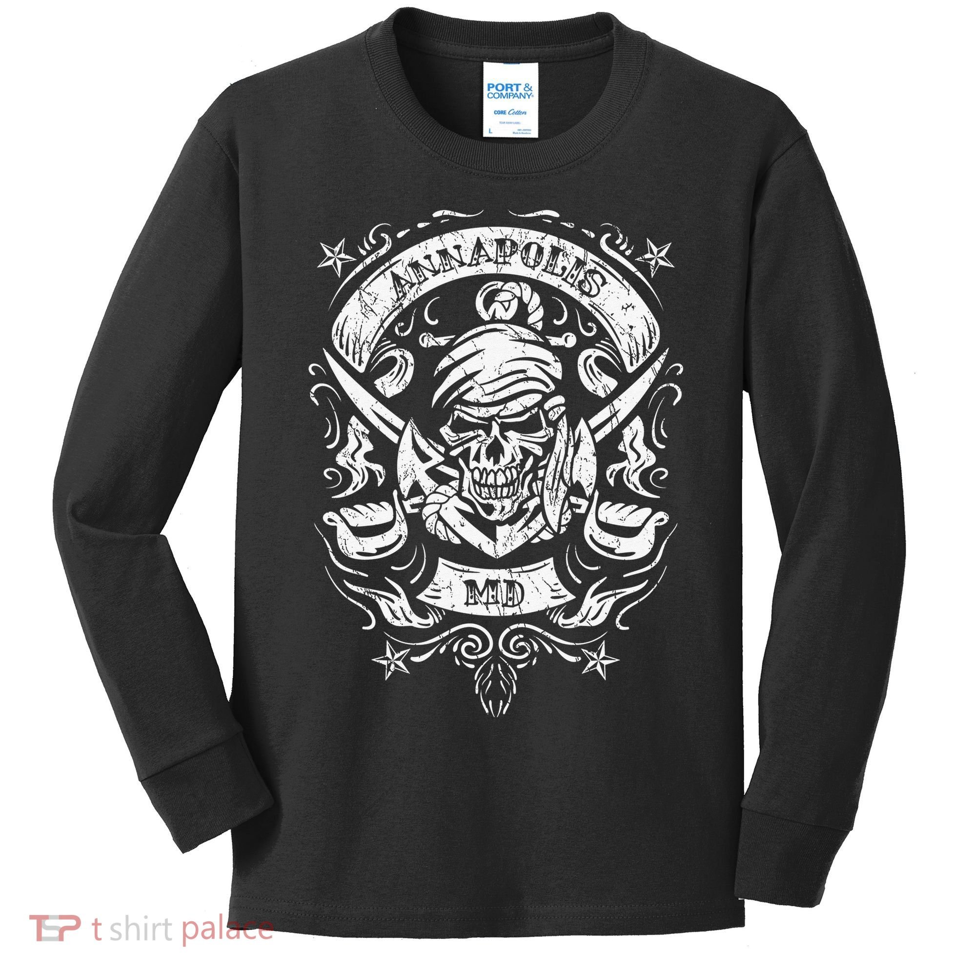 Annapolis Maryland Pirate Skull and Crossed Swords Kids Long Sleeve Shirt
