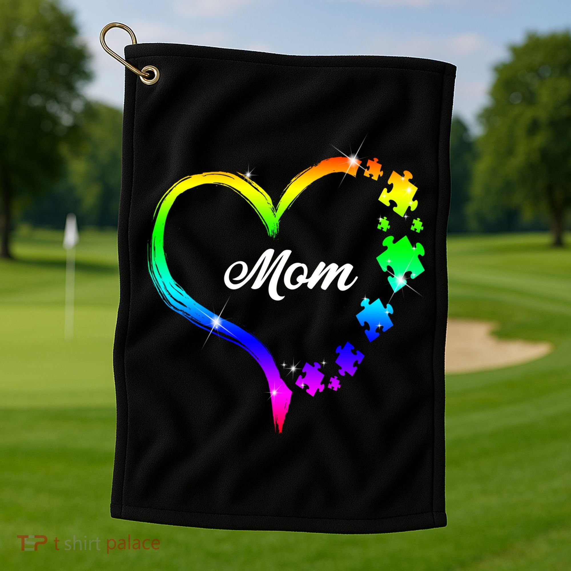 Autism Mom Rainbow Heart Golf Towel