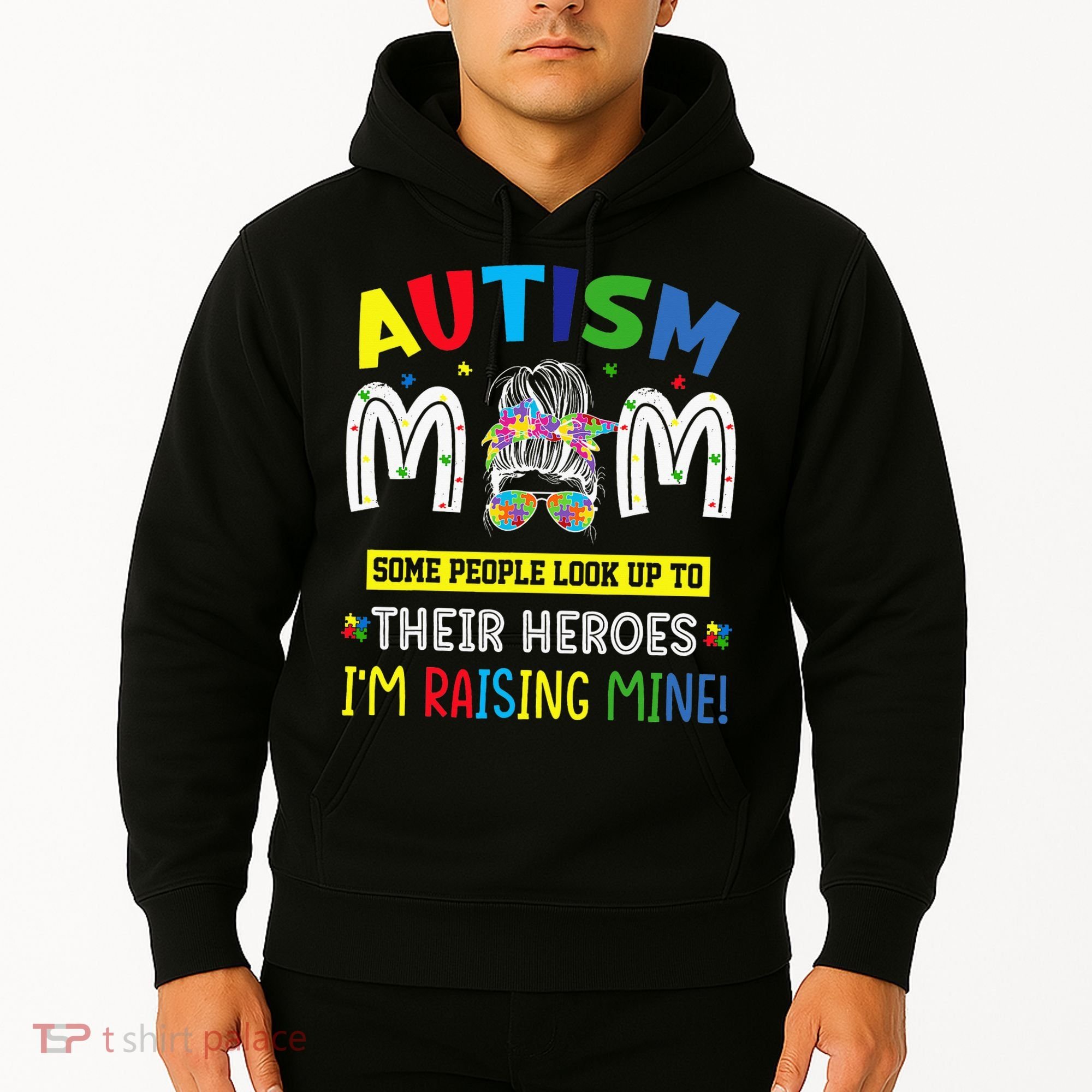 Autism Mom Raising Hero Autism Awareness Messy Bun Hoodie