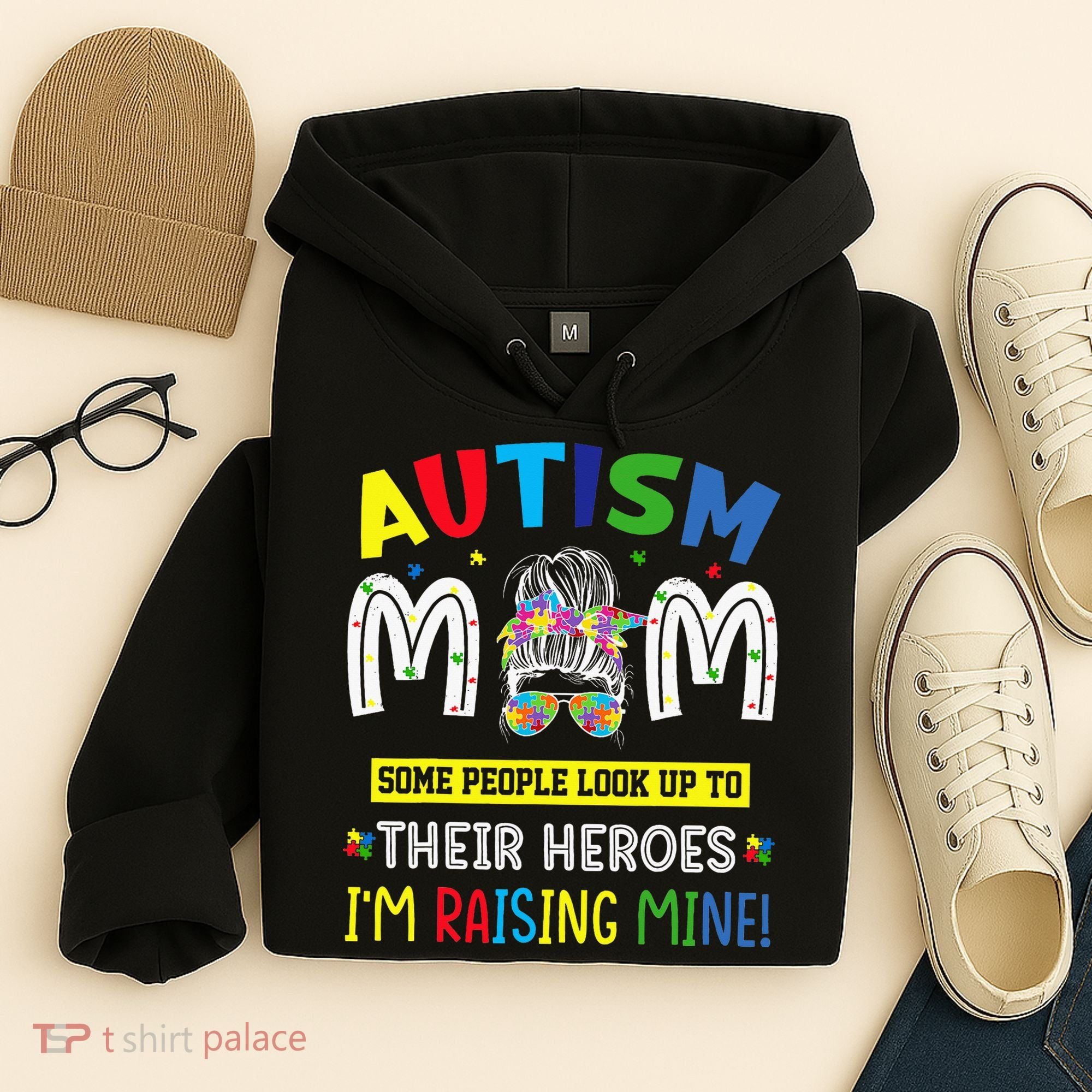 Autism Mom Raising Hero Autism Awareness Messy Bun Hoodie