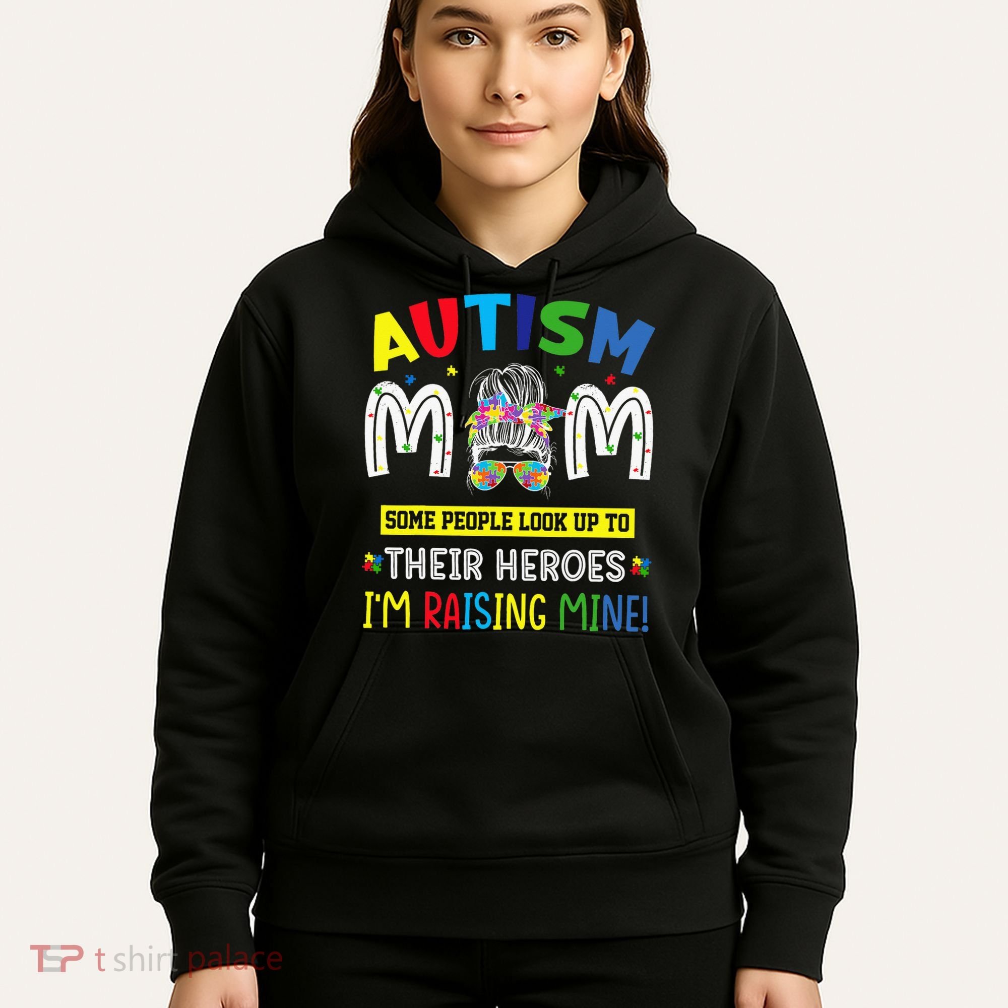Autism Mom Raising Hero Autism Awareness Messy Bun Hoodie