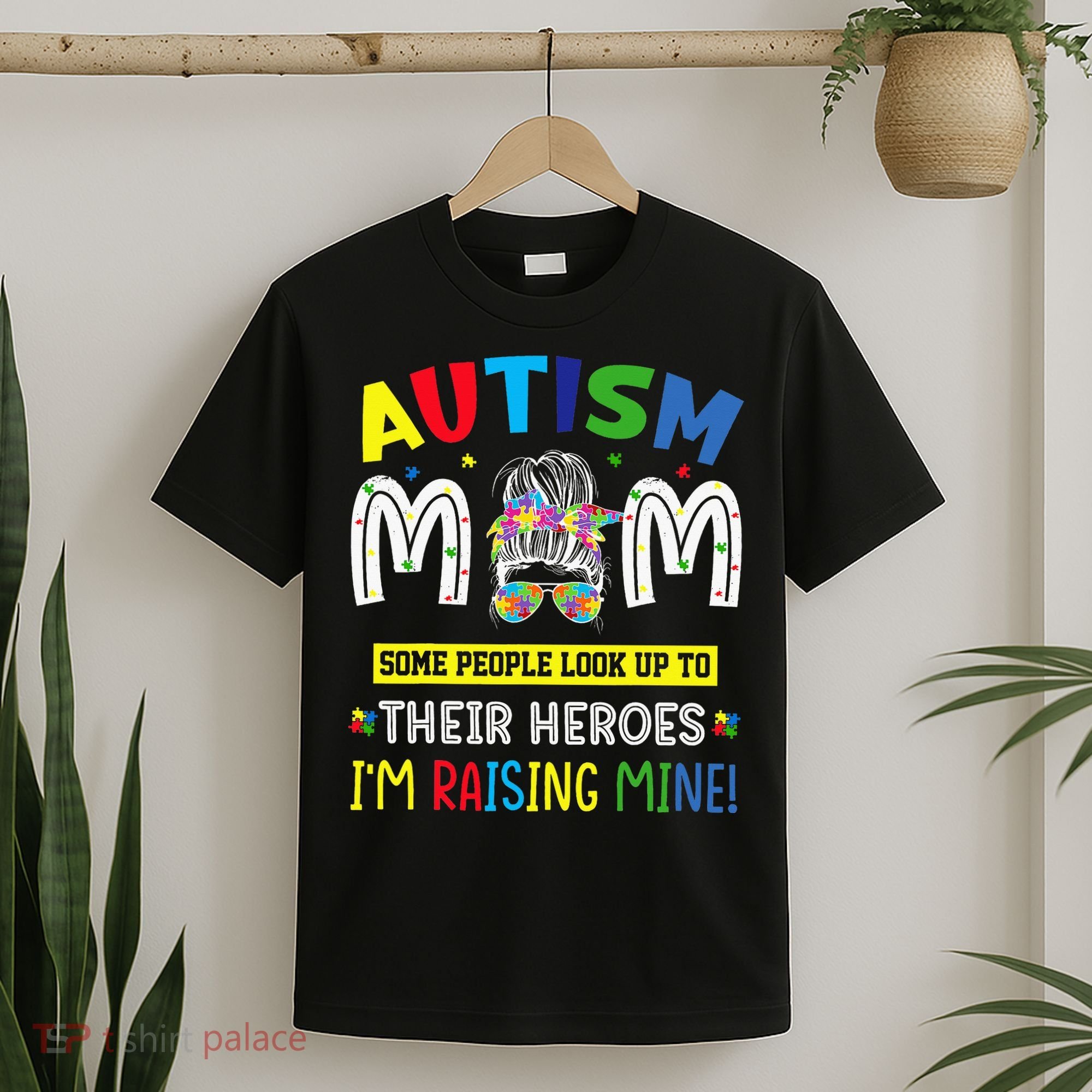 Autism Mom Raising Hero Autism Awareness Messy Bun T-Shirt