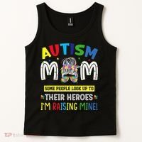Autism Mom Raising Hero Autism Awareness Messy Bun Tank Top thumb 2
