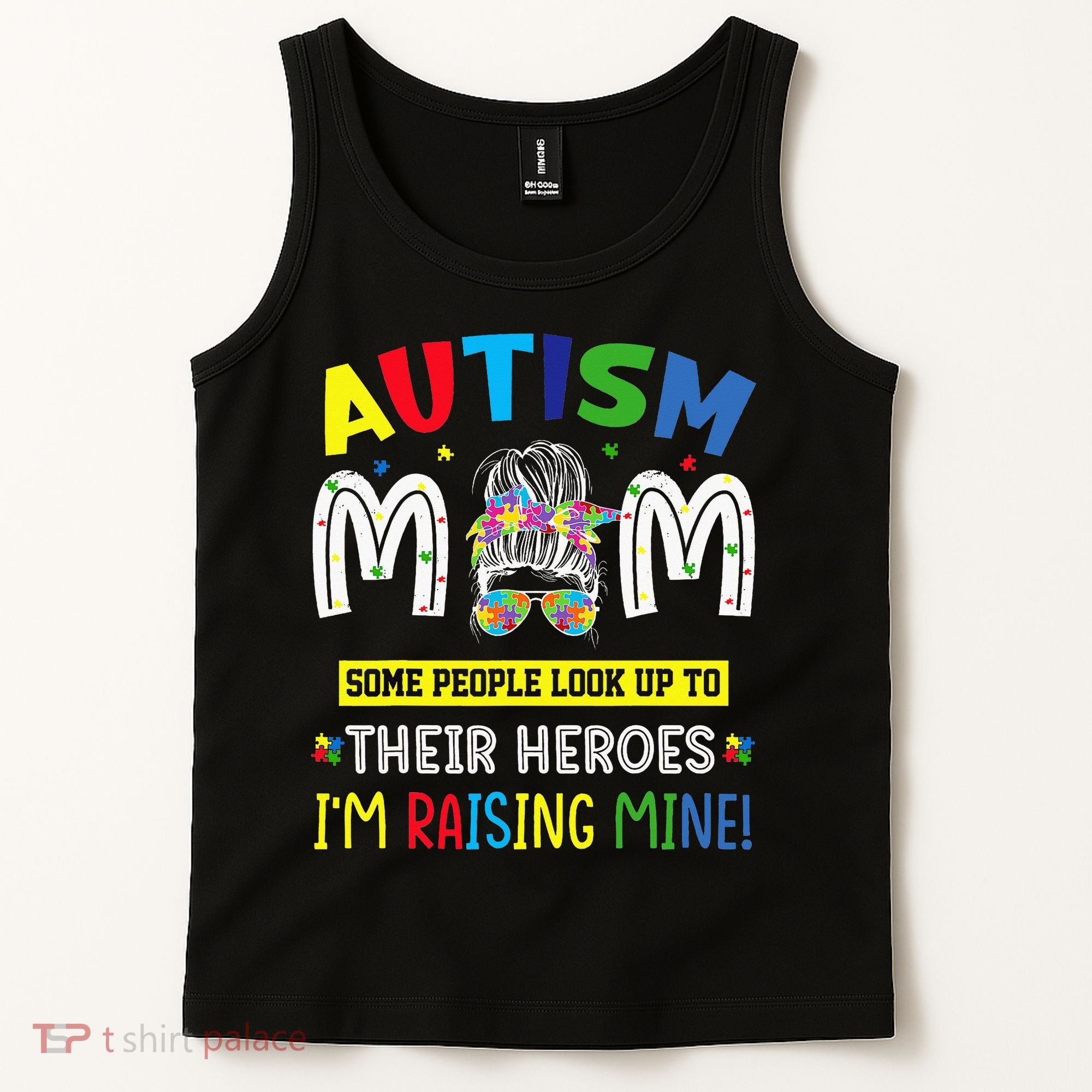 Autism Mom Raising Hero Autism Awareness Messy Bun Tank Top