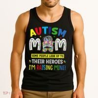 Autism Mom Raising Hero Autism Awareness Messy Bun Tank Top thumb 3