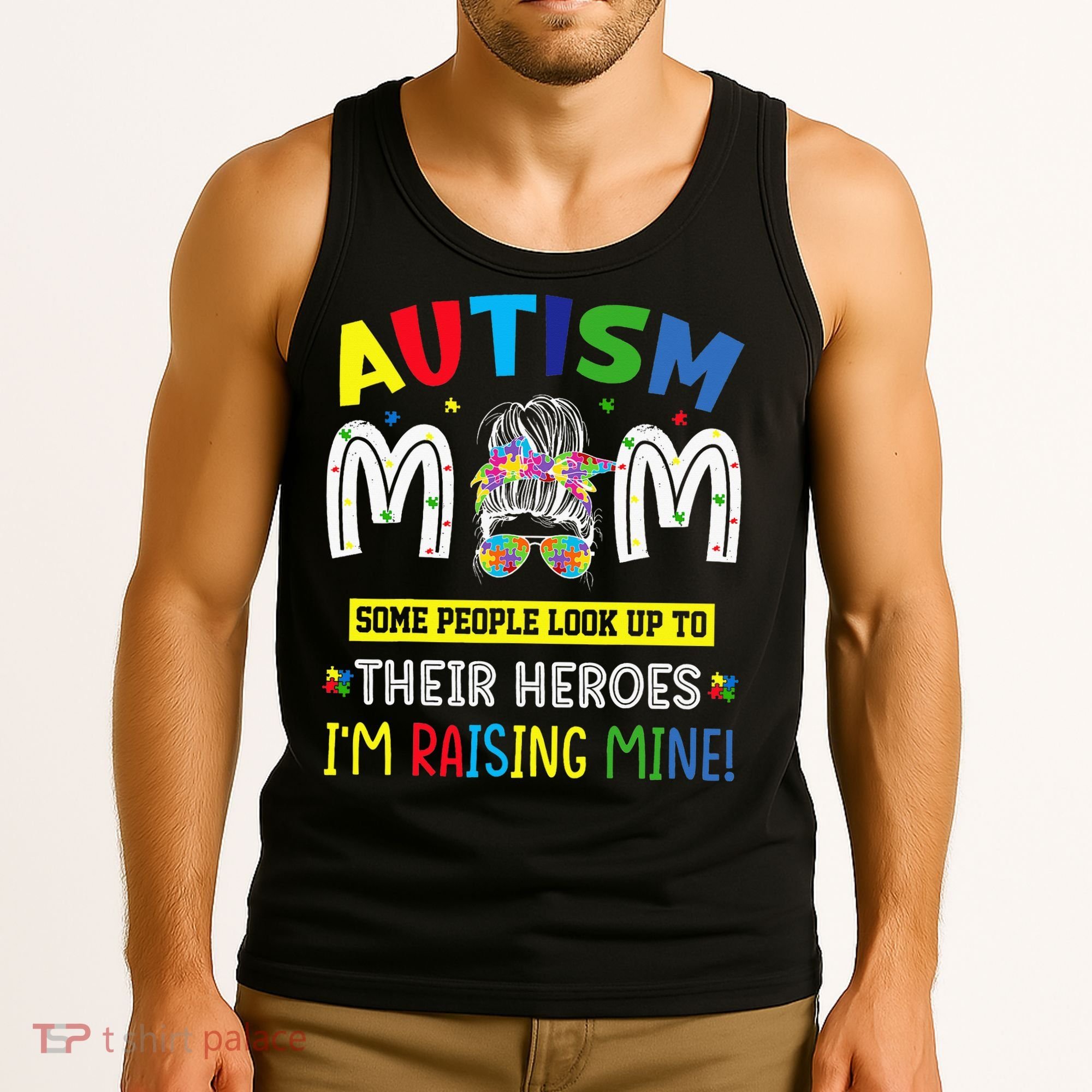 Autism Mom Raising Hero Autism Awareness Messy Bun Tank Top