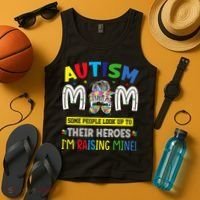 Autism Mom Raising Hero Autism Awareness Messy Bun Tank Top thumb 4