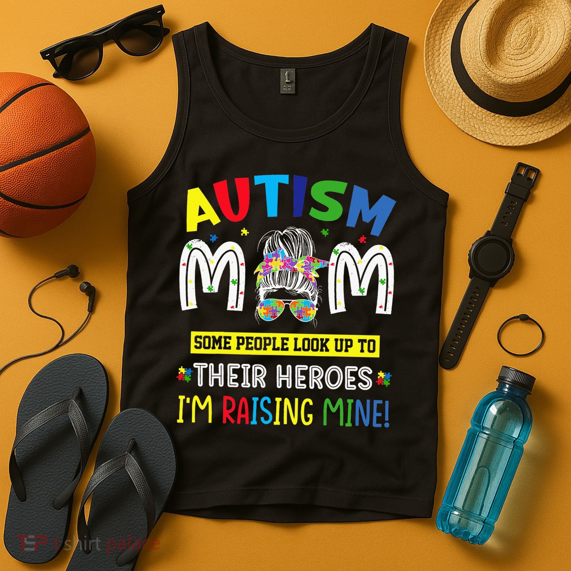 Autism Mom Raising Hero Autism Awareness Messy Bun Tank Top