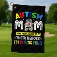 Autism Mom Raising Hero Autism Awareness Messy Bun Golf Towel thumb 1