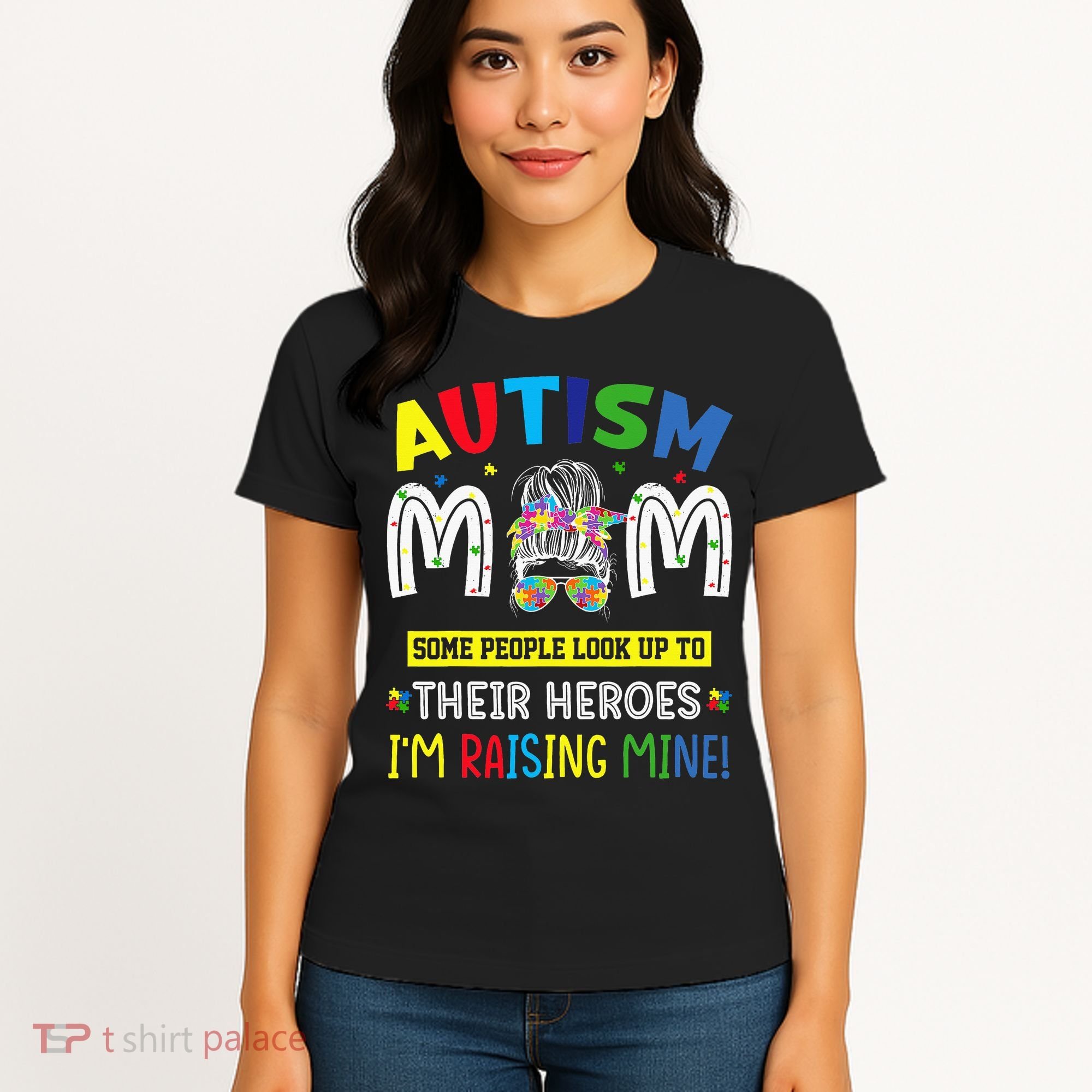 Autism Mom Raising Hero Autism Awareness Messy Bun Women's T-Shirt