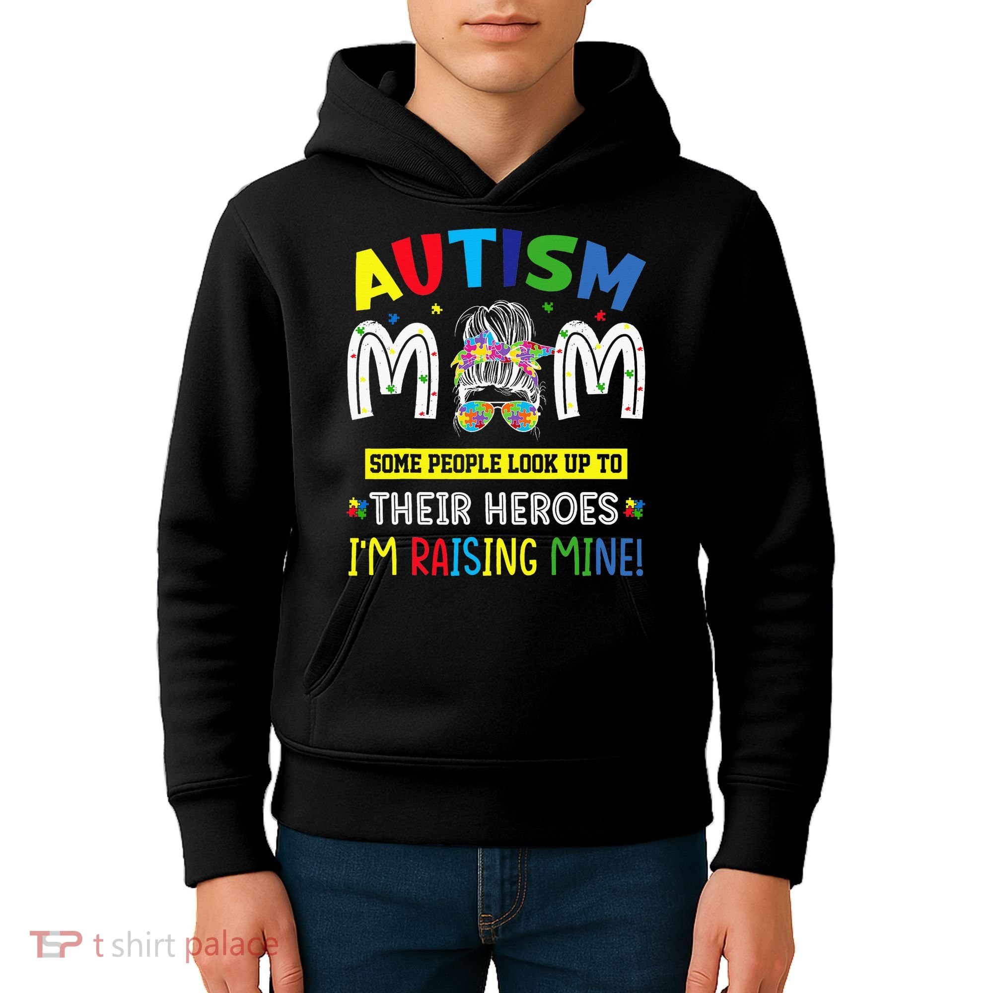 Autism Mom Raising Hero Autism Awareness Messy Bun Kids Hoodie