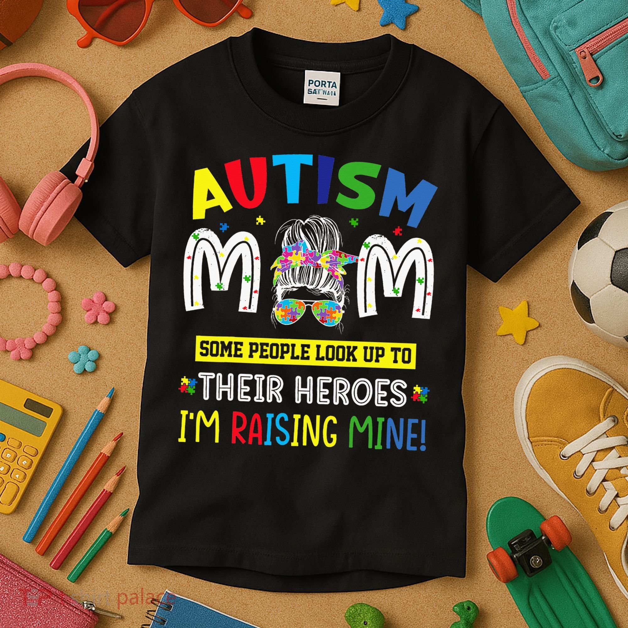 Autism Mom Raising Hero Autism Awareness Messy Bun Kids T-Shirt