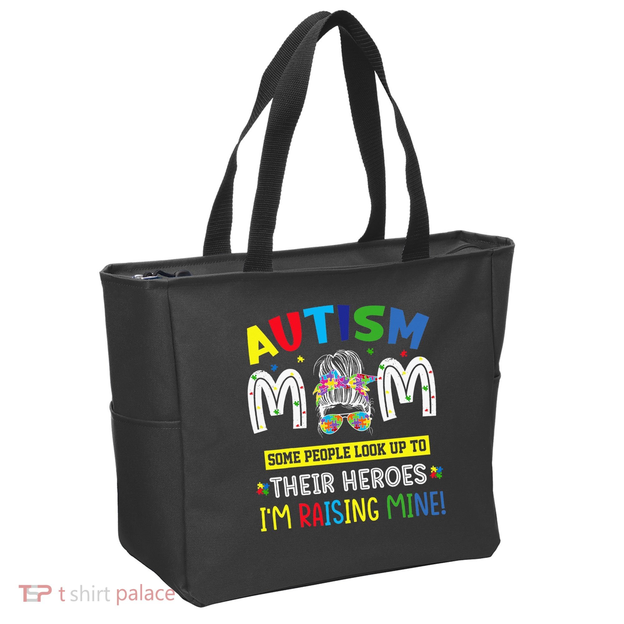 Autism Mom Raising Hero Autism Awareness Messy Bun Tote Bag