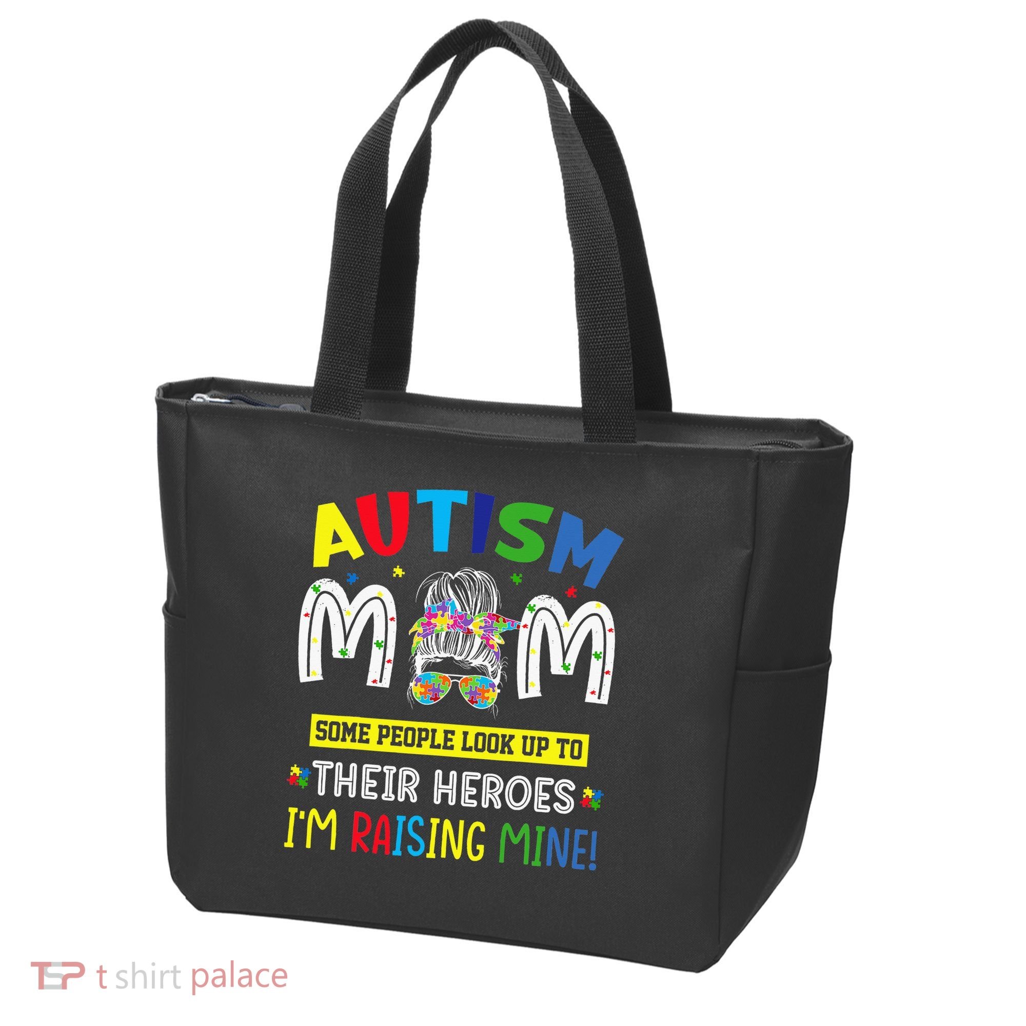 Autism Mom Raising Hero Autism Awareness Messy Bun Tote Bag