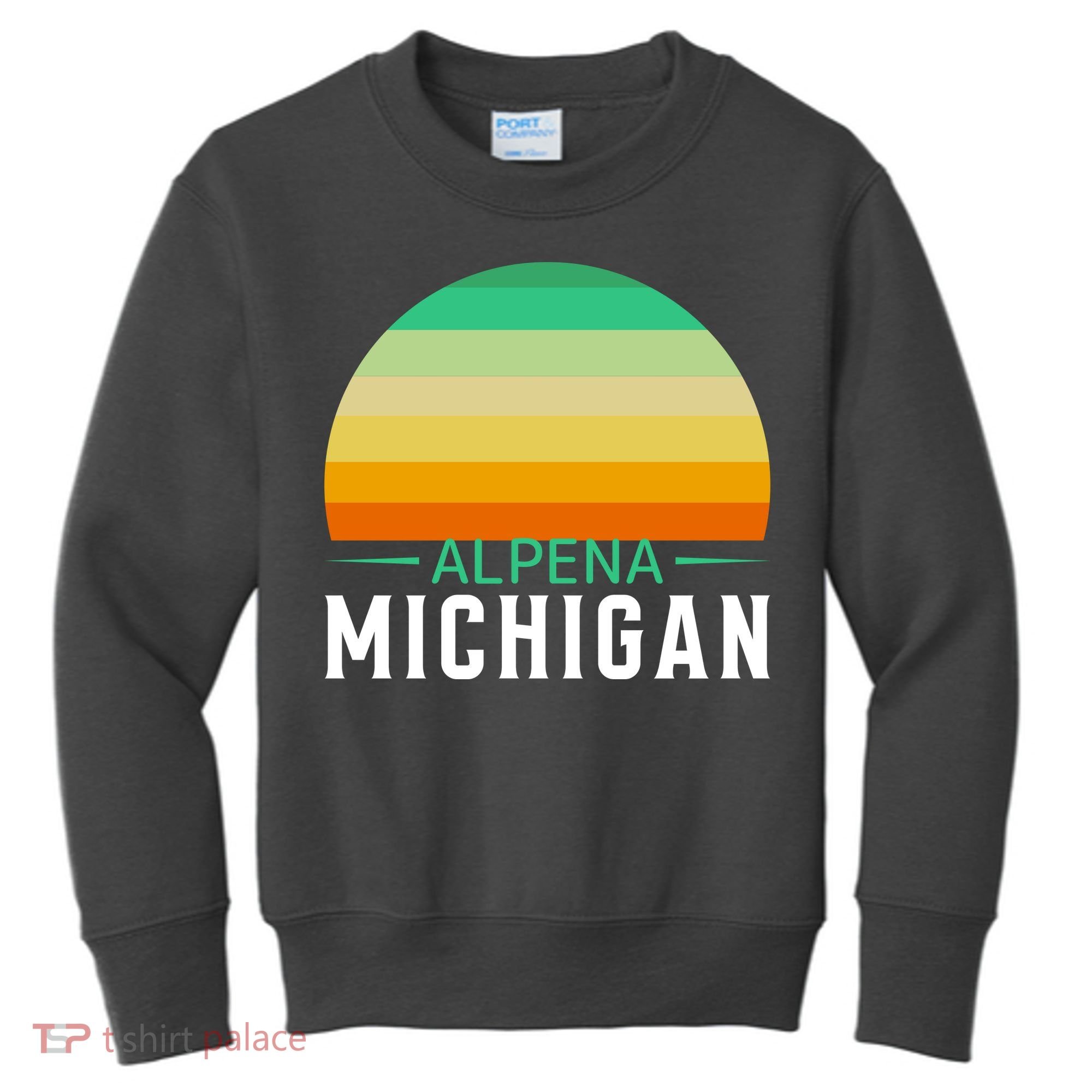 Alpena Michigan Retro Sunset Kids Sweatshirt